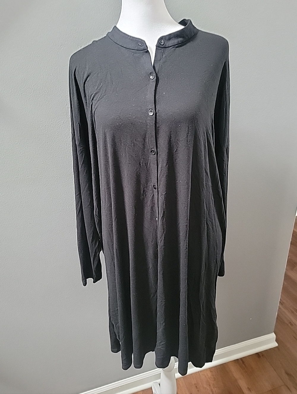 Eileen Fisher Black Viscose Button-Front Stretch Jersey Dress/Tunic Large